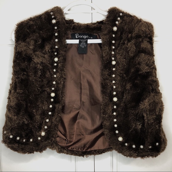 Bongo Faux Fur Vest Pearl Dark Brown Crop Jacket - Picture 8 of 8